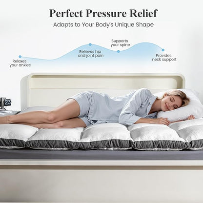 Memory Foam Mattress Topper Full - Pillow Top Mattress Topper Full Size, Soft Plush Bed Pad for Pressure Relief and Back Support, White, Oeko-TEX Certified - 2000GSM