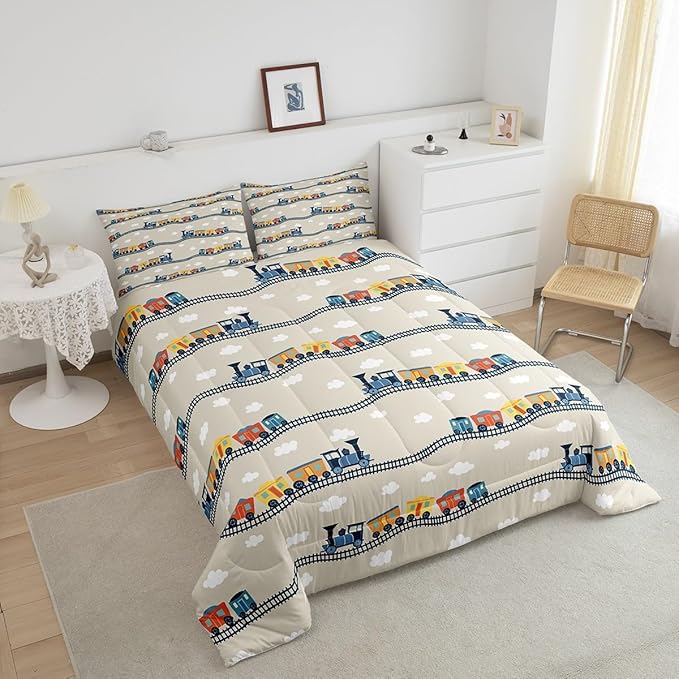 Erosebridal Kids Cartoon Train Bedding Sets Queen for Boys Cute Truck Car Themed Comforter Set Kawaii Steam Engine Duvet Insert White Clouds Watercolor Beige Print Comforter for Kids Bedroom