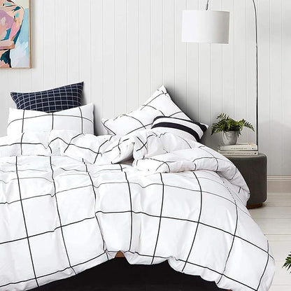Wellboo White Plaid Comforter Sets Twin Black White Grid Checkered Bedding Comforters Cotton White and Black Buffalo Check Grid Quilts Soft Warm Women Men Modern Preppy Geometric Gingham Quilts