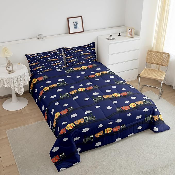 Erosebridal Cartoon Train Bedding Sets Navy Locomotive Train Comforter Set Full,Smoking Steam Engine Down Comforter for Kids Toddler Cute Clouds Transportation Cars Duvet Insert 3 Pieces