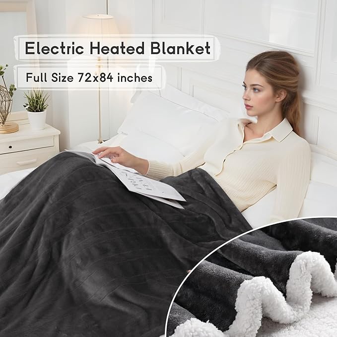 Heated Blanket Electric Blanket Full Size 72''x84'', Soft Flannel Heating Blanket with 1-10 Hour Auto Off - 6 Heat Settings - Machine Washable - Dark Grey