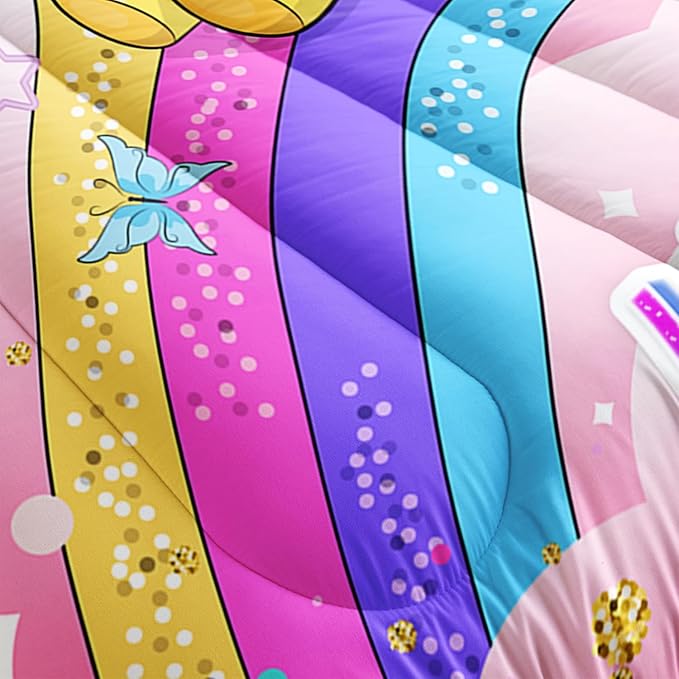 Kid Unicorn Butterfly Comforter Set Queen Size 3Pcs Rainbow Glitter Star Bedding Set White Cloud Quilt Bed Set for Boys Girls with 1 Comforter and 2 Pillowcases