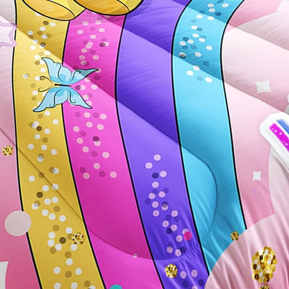 Kid Unicorn Butterfly Comforter Set Twin Size 3Pcs Rainbow Glitter Star Bedding Set White Cloud Quilt Bed Set for Boys Girls with 1 Comforter and 2 Pillowcases