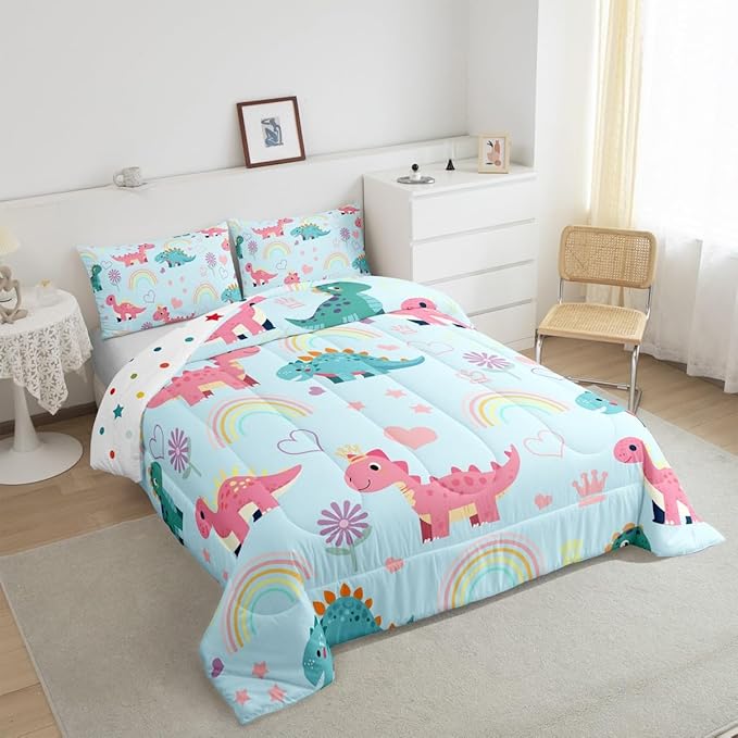 Kawaii Dino Kids Comforter Set Twin Size,Cute Rainbow Floral Love Heart Reversible Bedding Set for Teens Bedroom,Blue Pink Dinosaur Cartoon Animal Quilted Duvet with 1 Pillowcase