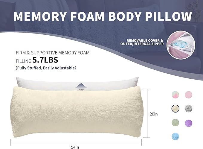 Bed Memory Foam Pillows with Removable Covers for Queen Bed 20x54 Soft Nursing Couch Pillows with Long Pillow Case for Beige Body Pillow Side Sleeper for Kids Machine Washable