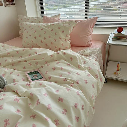 Pink Bow Duvet Cover Queen Size Bowknot On White Duvet Cover Set Kids Boys Girls 3 Pieces Cute Princess Style Bows Pattern Ultra Soft Reversible Bedding Set with 2 Pillowcases