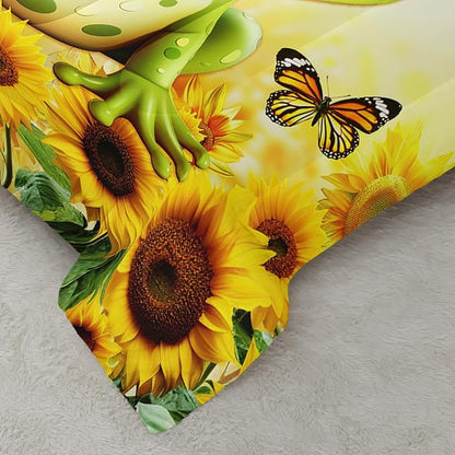 Cartoon Green Frog Comforter 3Pcs Full Yellow Sunflower Butterflies Bedding Set for Kid Teen Girl Boy Adult 3D Wild Animal Botanical Pattern Quilt Bed Decor with 1 Comforter and 2 Pillowcases
