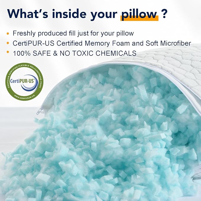 QUTOOL Cooling Pillow for Sleeping King Size 2 Pack, CertiPUR-US Shredded Memory Foam Bed Pillows Set of 2, Soft Cool Pillow for Hot Sleepers Adjustable Firm Pillow for Side, Back, Stomach Sleepers