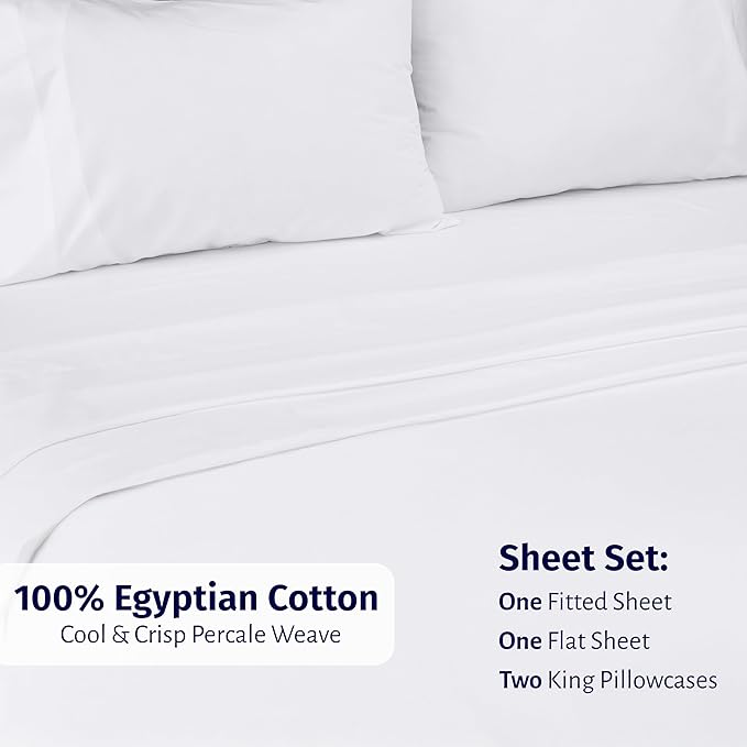 California Design Den Certified 100% Egyptian Cotton Sheets King Size Deep Pocket Set - King Percale Sheet Set with Deep Pockets, Lightweight, Crisp, Durable Luxury Bedding - White