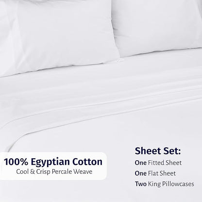 California Design Den Certified 100% Egyptian Cotton Sheets King Size Deep Pocket Set - King Percale Sheet Set with Deep Pockets, Lightweight, Crisp, Durable Luxury Bedding - White