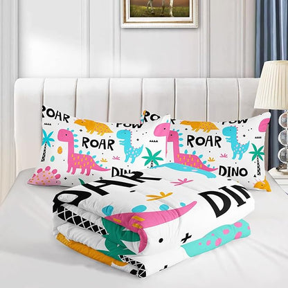 Axolotl Girls Bedding Cartoon Dinosaur Comforter Set Full Size,Cute Dinosaur Bedding Set for Girls Teens Kids Boys Adults Room Decor,Kids Comforter Set All Season,1 Quilt 2 Pillow Cases,White