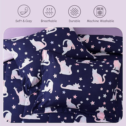 Twin Comforter Set for Girls -3 Pieces Cute Cat Twin XL Bedding Set with 1 Comforter, 1 Decor Pillow, 1 Pillow Sham