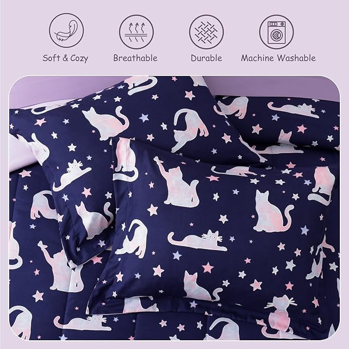 Full Size Comforter Set for Girls-4 Pieces Cat Patterns Full Bedding Set with 1 Comforter, 1 Decor Pillow &2 Pillow Shams