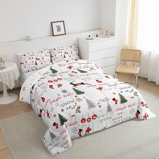 King Size Christmas Comforter, Merry Christmas Bedding Set for Kids, Cartoon Deer Reindeer Snowflake Duvet Insert, Red Green Xmas Down Comforter with 2 Pillowcases