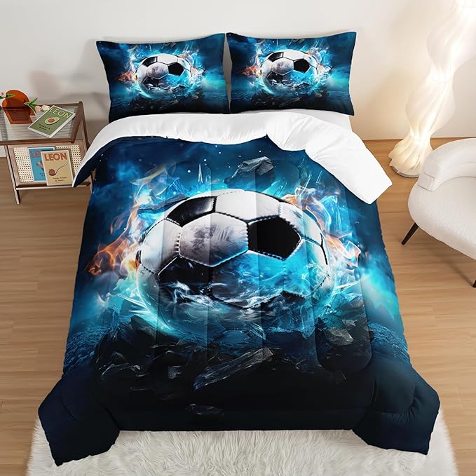 Soccer Bedding Comforter Set Twin Size,Blue Football Flame Printing Ball Gamer Bedding Set,Sports Themed Room Decor for Teens Boys,Kids Comforter Sets Boys with 2 Pillowcases.
