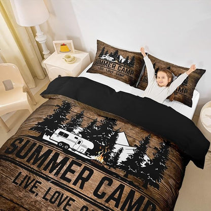 Happy Summer Camp Duvet Cover Queen for Children,Rustic Farmhouse Camping Bedding Set Room Decor Gift Comforter Cover,Retro Brown Wooden Board Quilt Cover with 2 Pillowcases, 3pcs Soft