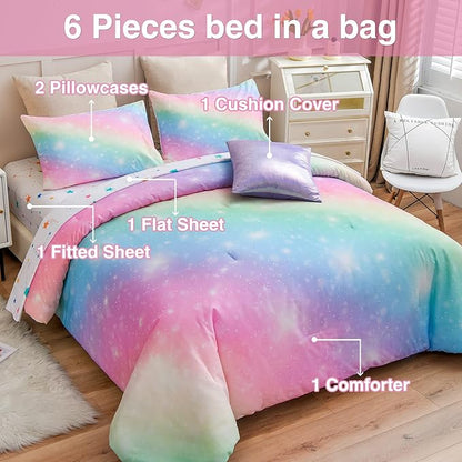 A Nice Night 6Pcs Gradient Glitter Bedding Set for Girls, Colorful Rainbow Galaxy Comforter Set, Ultra Soft Bedding Sets (Pink,Queen 6Pcs)