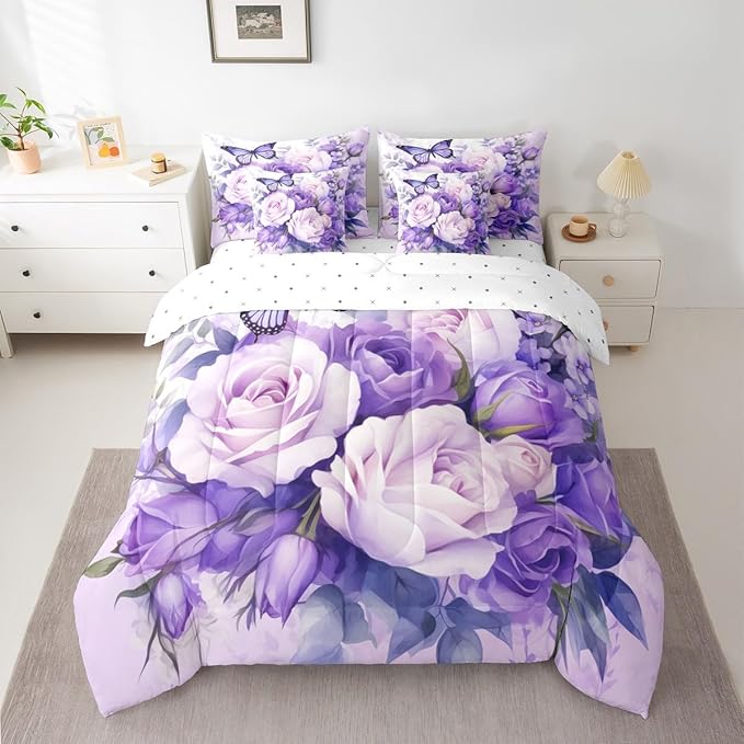 Feelyou Purple Rose 7 Piece Bedding Set King Size Butterfly Comforter Set with Sheets for Women Girls Teens Floral Flower Bed in a Bag Romantic Bed Set