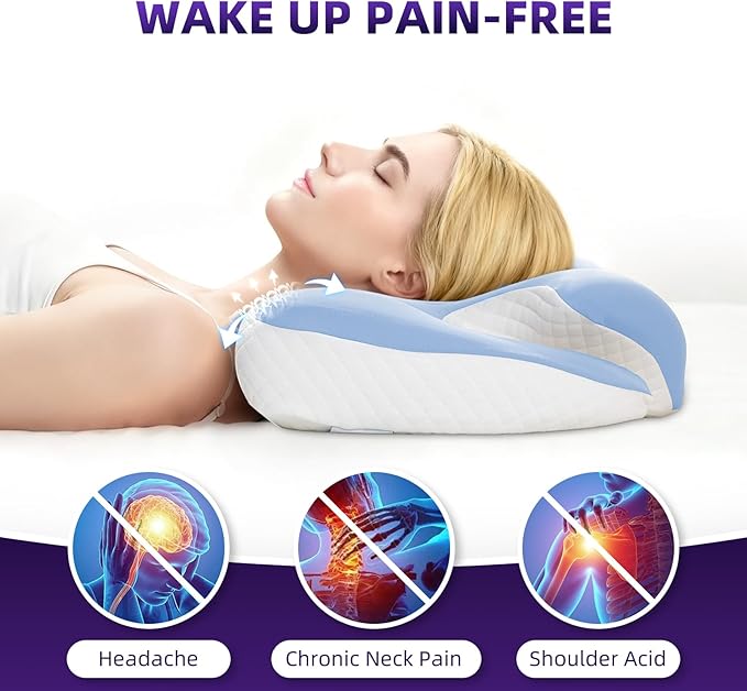 Cervical Neck Pillow，Ergonomic Memory Foam Pillows for Neck and Shoulder Pain Relief,Adjustable Contour Neck Support Bed Pillow for Side Back Stomach Sleepers-Women Men Gift(Baby Blue)