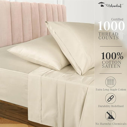 URBANHUT 1000 Thread Count Full Size Egyptian Cotton Bedsheets, Long Staple Soft & Breathable Sheets For Full Size Bedding, 4 Pc Bed Sheet Sets, Luxury Hotel Sateen Sheets Fits 16" Deep Pocket - Ivory