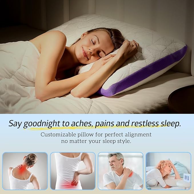 BETU Cooling Standard Pillow, Shredded Memory Foam Cool Pillow for Hot Sleepers, Adjustable Gel Firm Soft Support Bed Pillows Perfect for Neck Pain and Side Sleeping with Pillows Case Cover, Purple
