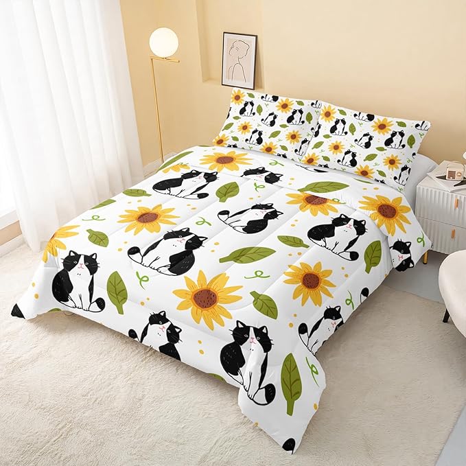 QOOMO Kawaii Cat Comforter Full Size,Sunflower Cat Comforter Set for Kids Teens Girls Boys,3Pcs Bedding Set Printed Comforter with 2 Pillowcases,Down Alternative,Soft and Lightweight，Full Size