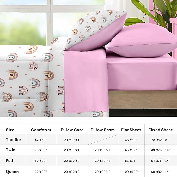 Nesker 7 Pcs Comforter Set Queen Size, Trendy Rainbows Bedding for Kids Teen, Pink Boho with Fitted Sheet 2 Pillowcases & 2 Shams for Bedroom Bed Decor