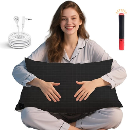 Ali King Grounding Pillowcase, 5% Conductive Silver + 95% Soft Cotton Earth Grounding Pillow Cases with Grounding Cord for Improve Sleep (Black, Queen (20x30inches))