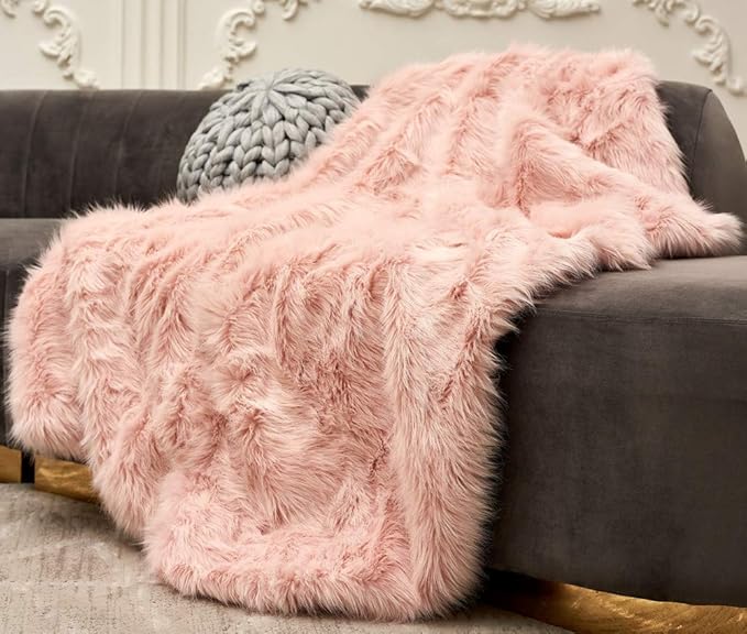 Pink Faux Fur Throw Blanket, Luxury Modern Blush Home Throw Blanket, Super Warm, Fuzzy, Elegant, Fluffy Thick Heavy Decoration Blanket Scarf for Sofa, Couch and Bed, 50''x 60''
