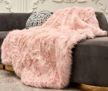 Pink Faux Fur Throw Blanket, Luxury Modern Blush Home Throw Blanket, Super Warm, Fuzzy, Elegant, Fluffy Thick Heavy Decoration Blanket Scarf for Sofa, Couch and Bed, 50''x 60''