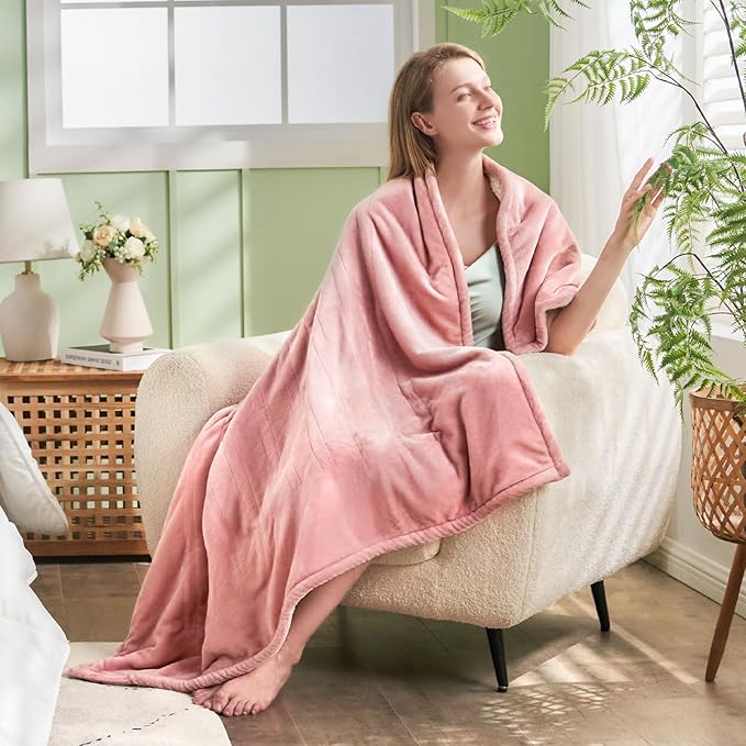 Electric Heated Blanket, Flannel & Sherpa Fast Heating Soft Fleece Heated Twin Blanket 62"x84" with 6 Heating Levels &10H Auto Off - Pink