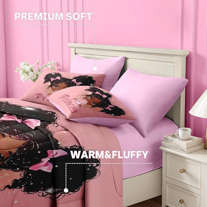 Nesker 5 Pcs Comforter Set Twin Size, African American Princess Bubbles Bedding for Kids Teen, Pink Black Girl Bed Sheet with Pillowcase & Sham
