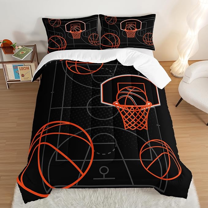 Basketball Court Print Full Comforter Set for Boys,Ball Sports Games Bedding Set for Teens Kids Bedroom Decor,Orange Basketball Comforter Sets with 2 Pillowcases.