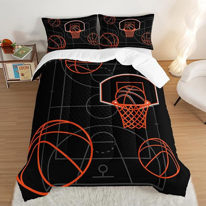 Basketball Court Print King Comforter Set for Boys,Ball Sports Games Bedding Set for Teens Kids Bedroom Decor,Orange Basketball Comforter Sets with 2 Pillowcases.