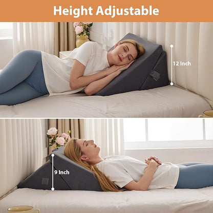 Wedge Pillow, 9&12” Adjustable Bed Wedge Pillow for Sleeping, Triangle Pillow for Back Pain Relief, Memory Foam Pillow Wedge for Post Surgery, Acid Reflux and Snoring, GERD, Grey