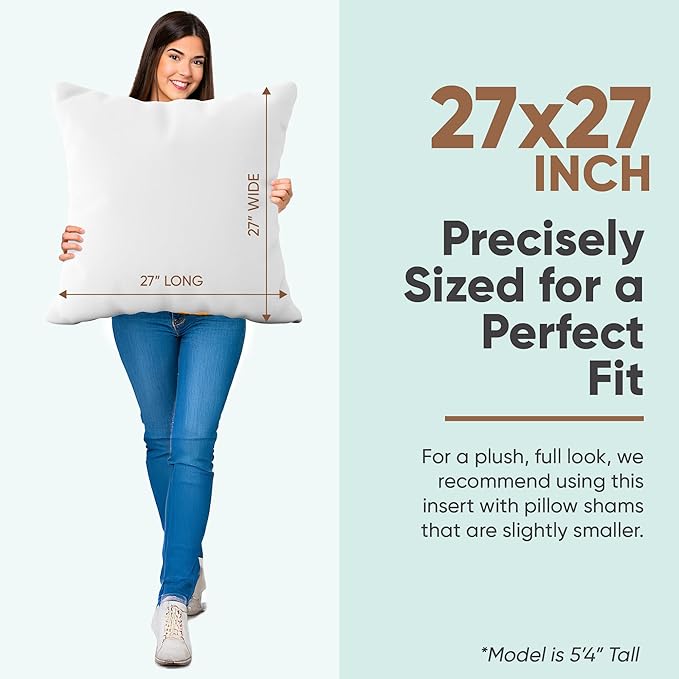 Pillowflex Synthetic Down Pillow Insert - 27x27 - Down Alternative Ultra Soft Large Square European Throw Pillow, Machine Washable - Couch Euro Sham, Lumbar, Bed, Sofa - 1 Decorative Accent Form
