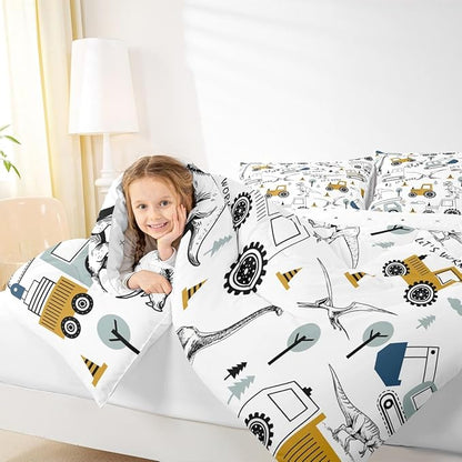 Feelyou Construction Comforter Set Full Size Kids Cartoon Car Excavator Tractor Toddler Comforter Equipment Trucks Dinosaur Comforter Set Construction Vehicles White Yellow Duvet Set Quilt Set