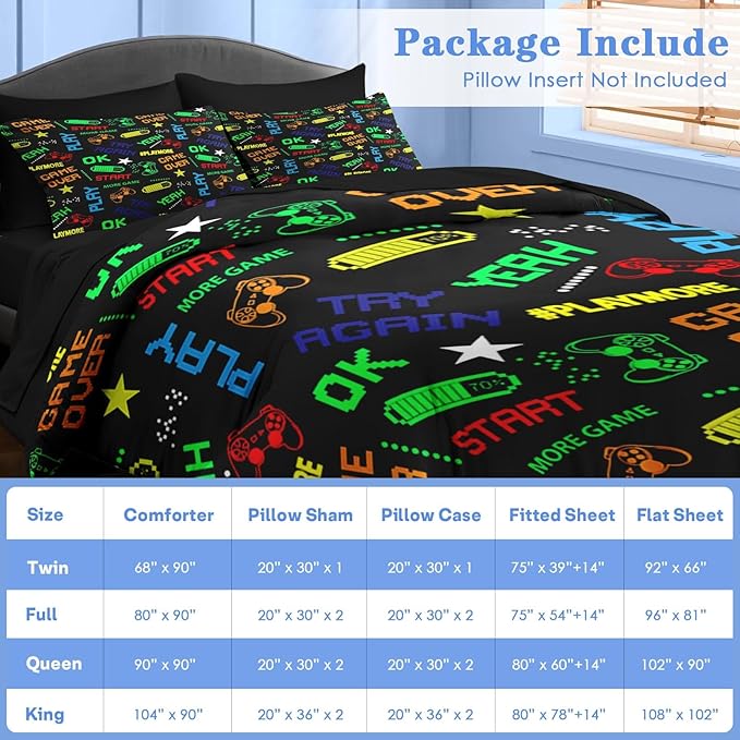 Comforter Set Full Size, Retro Computer Gamepad 7 Pcs Bedding for Kids and Adults, Cartoon Video Game Bed Sheet Sets with Fitted Sheet 2 Pillowcases & 2 Shams for Bedroom Bed Decor