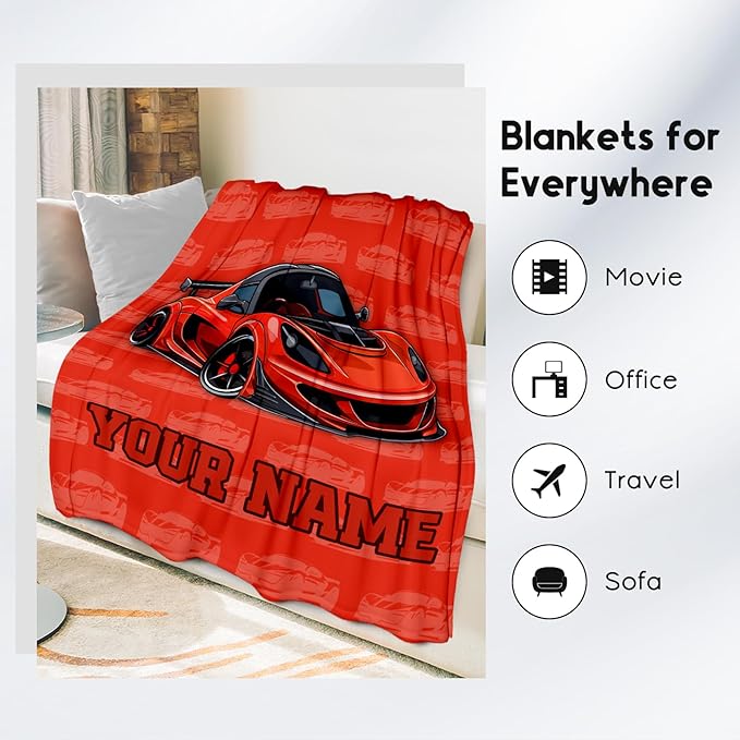 Personalized Racing Car Blanket, Cozy Soft Throw Gifts for Kids, Cute Red Flannel Throw Blankets for Couch Office, 30x40 Inches