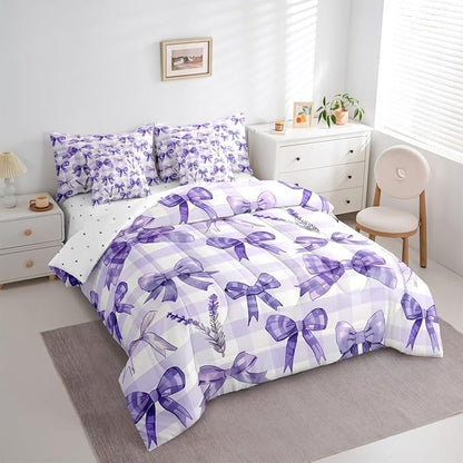 Feelyou Purple Bowknot 7 Piece Bedding Set Lavender Flower Comforter Set with Sheets for Kids Boys Girls Purple Stripe Bed in a Bag Princess Theme Bed Set Soft Lightweight