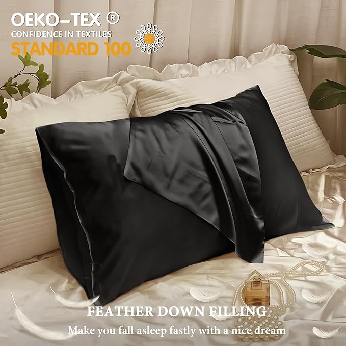 BHZ Black Satin Goose Down Feather Pillows Queen Size Set of 2 with Black Satin Pillowcase for Hair and Skin, Cooling Pillow Cases Similar to Silk Pillow Cases, Decor for Women, Mom