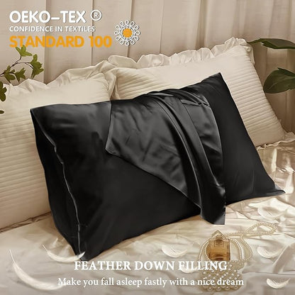 BHZ Black Satin Goose Down Feather Pillows Standard Size with Black Satin Pillowcase for Hair and Skin, Cooling Pillow Cases Similar to Silk Pillow Cases, Decorative for Women, Mom Men