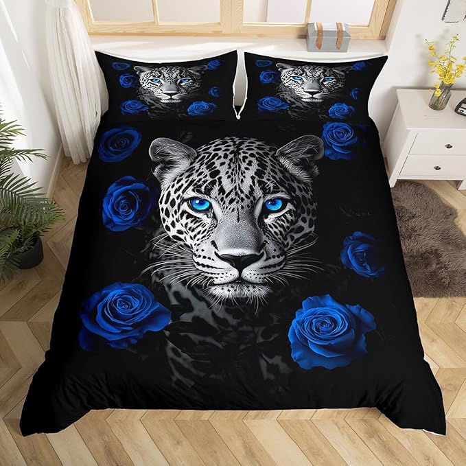 Leopard Duvet Cover Set Full Size, Wildlife Animal Bedding Set for Teens Kids Boys Girls,Blue Rose Flowers Soft Microfiber Comforter Cover with 2 Pillowcases Dorm Decor Quilt Cover 3Pcs