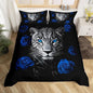 Leopard Duvet Cover Set Full Size, Wildlife Animal Bedding Set for Teens Kids Boys Girls,Blue Rose Flowers Soft Microfiber Comforter Cover with 2 Pillowcases Dorm Decor Quilt Cover 3Pcs