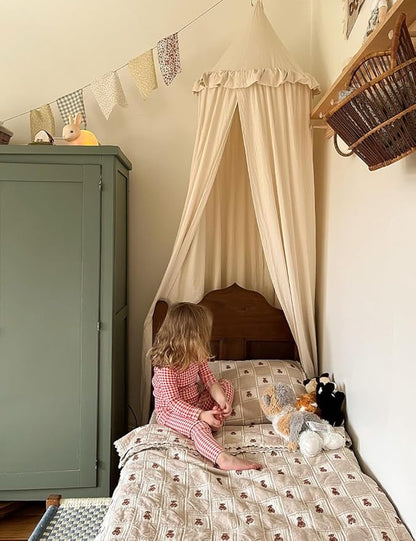 JIKAL Kids Bed Canopy with Ruffles Cotton Hanging Tent Frills Curtain Net for Baby Nursery Room Children Reading Nook Decor