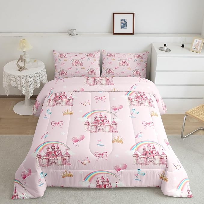 jejeloiu Pink Castle Bedding Set Full Size Cute Rainbow Comforter Set for Kids Adult Boys Girls Butterfly Crown Duvet Set Balloon Quilt Set 3Pcs