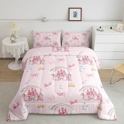 jejeloiu Pink Castle Bedding Set Full Size Cute Rainbow Comforter Set for Kids Adult Boys Girls Butterfly Crown Duvet Set Balloon Quilt Set 3Pcs