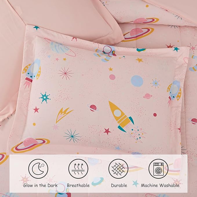 Full Size Comforter Set for Girls-4 Pieces Space Glow in The Dark Full Bedding Sets for Kids, 1 Comforter, 2 Shams and 1 Decor Pillow