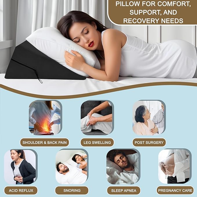 sokoro Bed Wedge Pillow for Sleeping, Triangle Pillow Wedge, Acid Reflux, Gerd, After Surgery, Back Support, Body Positioners for Pregnancy, Adults, Seniors to Elevate Head, Knee, Leg, Black