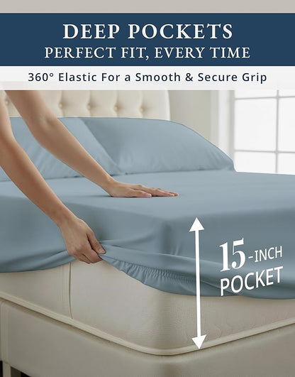 100% Egyptian Cotton Queen Size Sheet Set - Naturally Breathable & Durable Winter Comfort, Ultra-Soft Hotel Luxury Comfort with 15" Deep Pocket Queen Sheets, Silky Sateen Weave - French Blue
